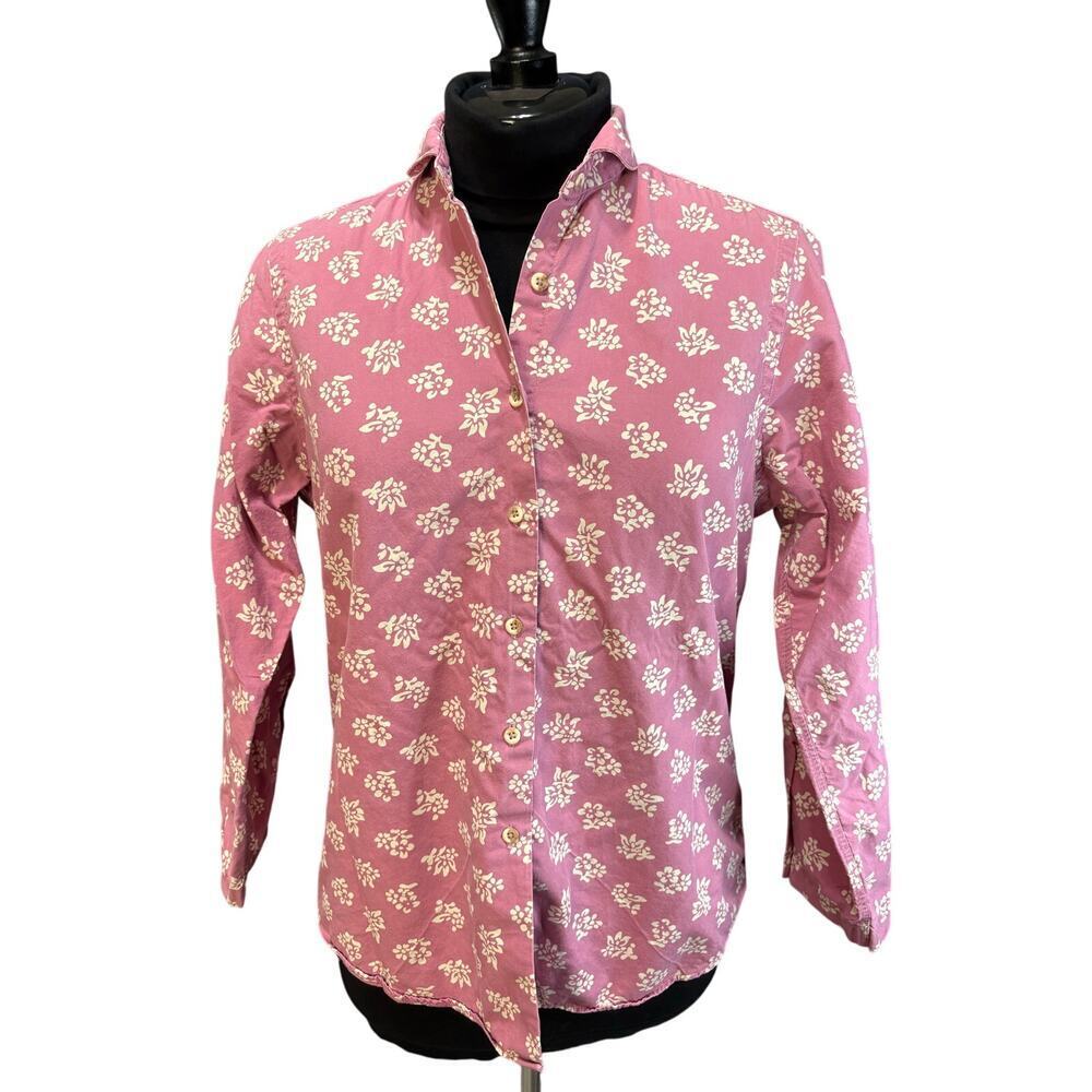 LL Bean Pink Floral Shirt Womens Sz 12 Wrinkle Free Button Up Wide Sleeve